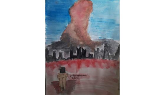 Drawing of the explosions in Beiroet by Aynaa from Lebanon, to help express an overcome her traumatic experience_War Child_200819