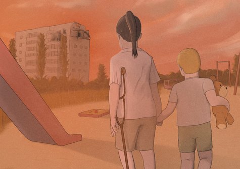 Illustration of two children - one of them with crutches - in an abandoned playground, overlooking a war-struck city.