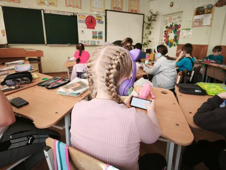 Ukrainian students engage with the Can't Wait to Learn app in their classroom